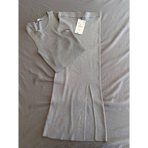 Zara Dresses & Skirts - Zara Metallic Silver Ribbed Knit 2 Piece Crop Top and Midi Skirt Sz S top sz M